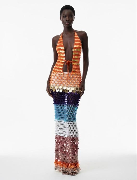 Handmade Crochet Sequin Maxi Dress - Halter Boho Festival Outfit