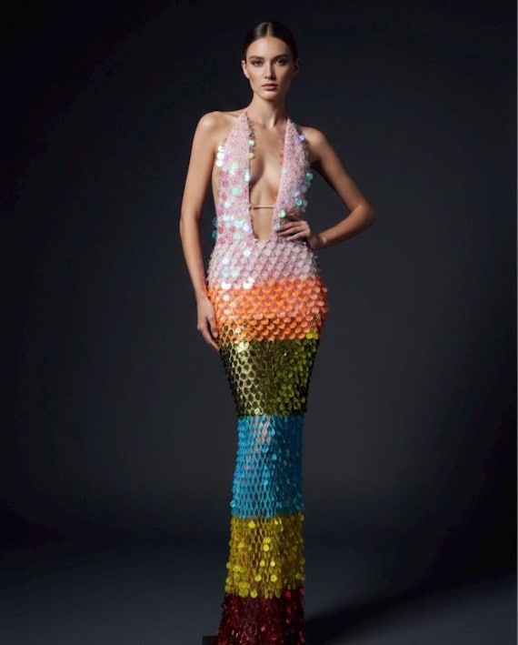 Colorful Sequins Maxi Dress: Crochet Lace Beach Cover-Up