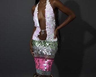 Handmade Mermaid Sequin Maxi Dress – Crochet Festival Outfit – Iridescent Halter Costume Dress
