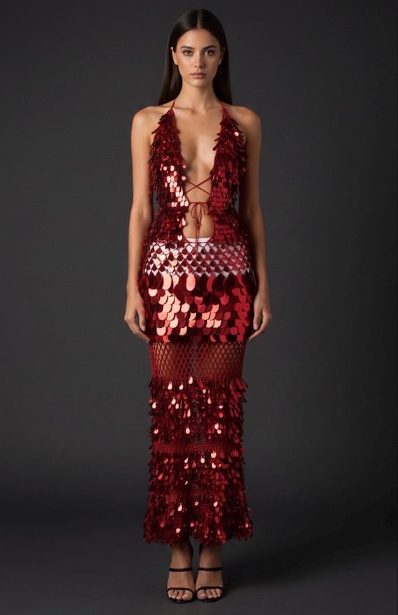 Handmade Red Sequin Crochet Dress  Halter Festival Costume - Etsy