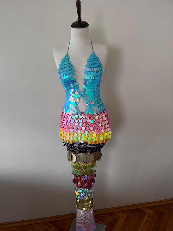 Handmade Mermaid Sequin Maxi Dress  Crochet Festival Outfit  Iridescent  Halter Costume Dress - Etsy