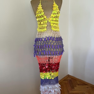 Handmade Crochet Maxi Dress with Colorful Sequins Colorful Crochet Long Maxi Dress Festival Outfit Bohemian Hippie Lace Beach Summer Dress