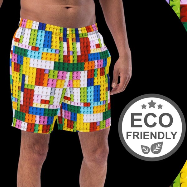 Rainbow Toy Blocks MENS SWIM TRUNKS, Mesh Shorts, Elastic Waist, Drawcord, Recycled Polyester, Multiple Pockets, Breathable Men Trunks