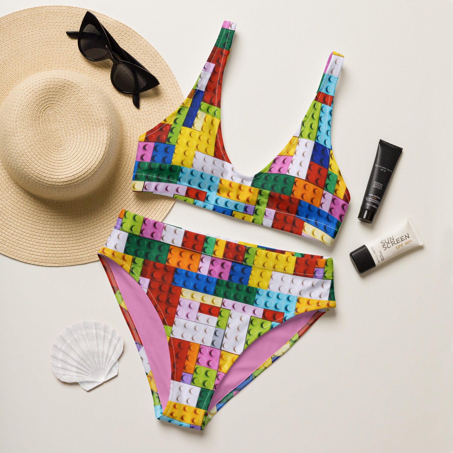 Rainbow Lego Bikini DESIGNER Swimsuit Recycled High Waisted - Etsy