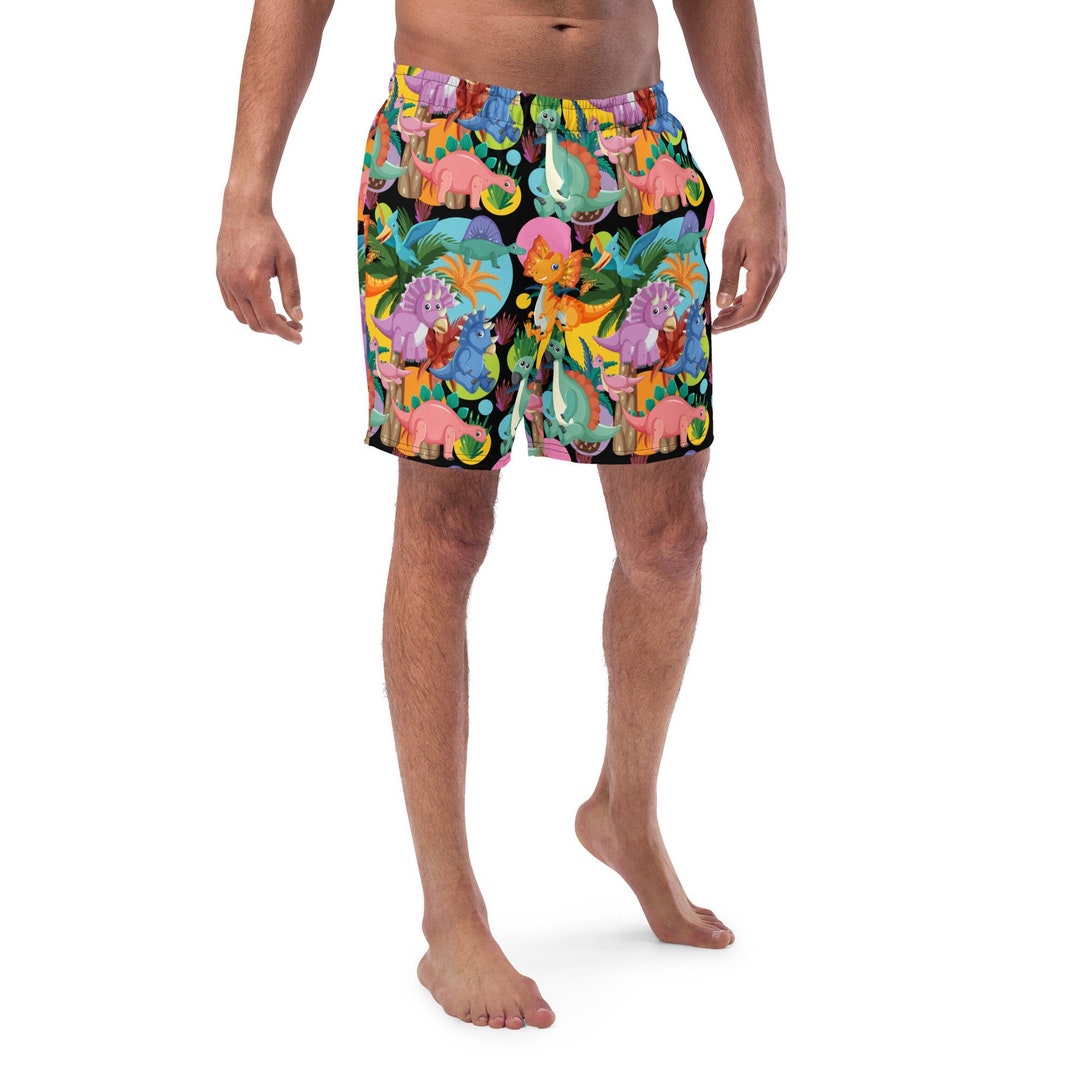 Dino World Art MENS Swim Trunks, Mens DINOSAUR Shorts, Mens Summer Swim