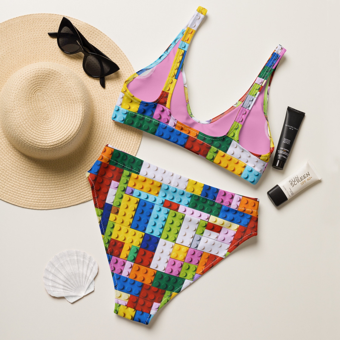Rainbow Lego Bikini DESIGNER Swimsuit Recycled High Waisted - Etsy