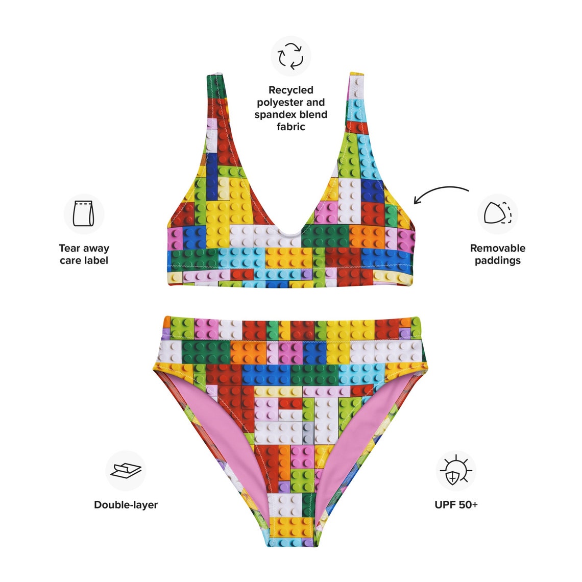 Rainbow Lego Bikini DESIGNER Swimsuit Recycled High Waisted - Etsy