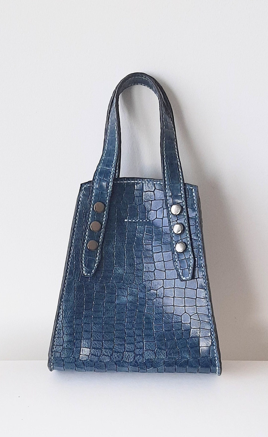 Blue Snake Print Leather Bag, Handmade Leather Top Handle Blue Bag