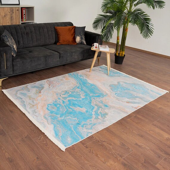 Aqua Turquoise Rug Beach Abstract Neutral Ocean Blue Sand Etsy