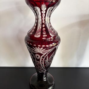 Vintage Bohemian Cut Glass Vase | Dark red / Crystal Vase | Hand Cut Czech Glass Floral Design