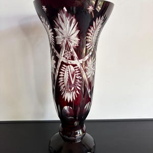 Vintage Bohemian Cut Glass Vase | Dark red / Crystal Vase | Hand Cut Czech Glass Floral Design