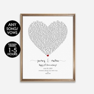 Letras de canciones de corazón personalizadas para imprimir, regalos de aniversario, canción para el primer baile, regalo para novio o esposo, recuerdo de votos matrimoniales personalizados