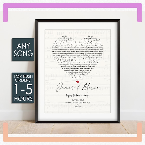 Personalised Song Any Lyric Print, Custom Wedding Song Print, Vows, Heart Shaped Couples Song, Anniversary Gifts, Heart Shaped for Couple