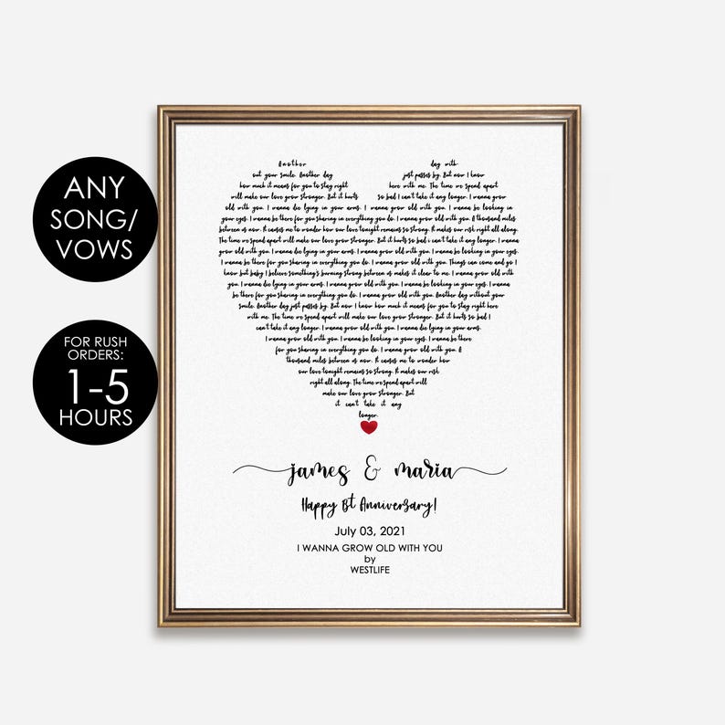 Heart Song Lyrics Print ANY SONG | Personalised Wedding Gift | Anniversary Gifts | Your Song | First Dance Gift | 1 Year Anniversary Gift