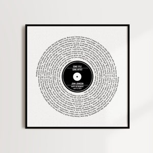 May include: Black and white printable art print of a vinyl record with the lyrics of a song printed in a spiral pattern. The centre of the record has the song title, artist, and date.