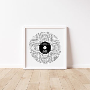 May include: A black and white printable art print of a vinyl record with a spiral of text. The text includes the words "SONG TITLE", "SONG ARTIST", "JOHN JOHNSON", "HAPPY RETIREMENT", and "JULY 11, 2023".