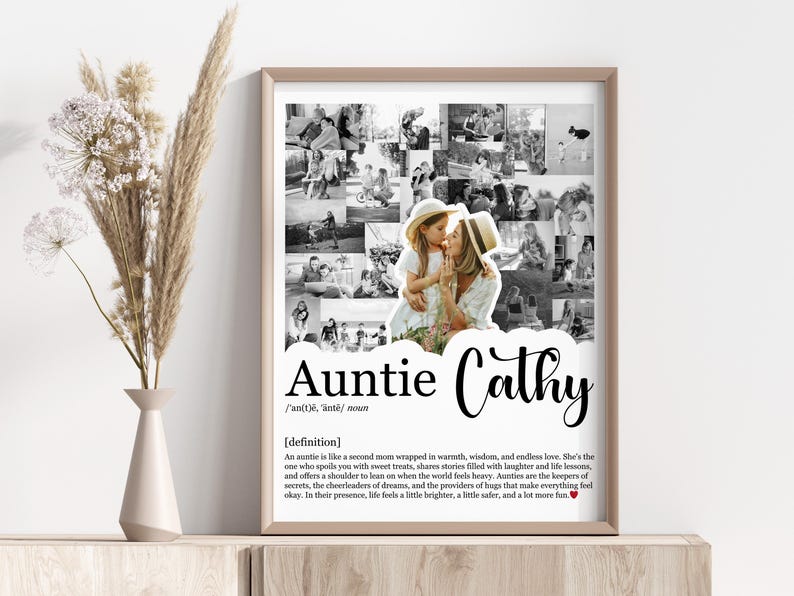 May include: A framed black and white photo collage with the text "Auntie Cathy." The collage features multiple small photos of people. Below the text is a definition of an aunt.