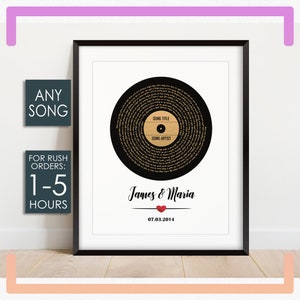 Gold Vinyl Record Song Lyrics Printable, Custom Gift for Couple, Song Lyrics Record Wall Art, Anniversary Gift for Husband and Wife