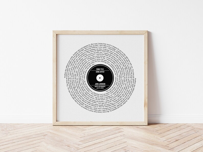 May include: Black and white printable art print of a vinyl record with the song title, artist, and date of a special event. The text is arranged in a circular pattern around the centre of the record.