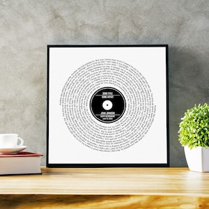 May include: A black and white printable art print of a vinyl record with the lyrics of a song printed in a spiral pattern. The centre of the record has a black circle with the text "SONG TITLE", "SONG ARTIST", "JOHN JOHNSON", "HAPPY RETIREMENT", and "JULY 16, 2023".