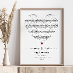 May include: A framed print with a heart-shaped design filled with song lyrics. The print includes the names "James & Maria", the text "Happy 1st Anniversary!", and the date "July 03, 2021". A red heart is at the bottom.