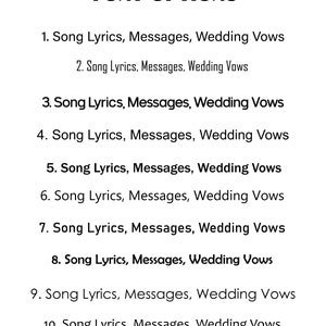 May include: A list of font options for song lyrics, messages, and wedding vows. The options are numbered 1 through 10.