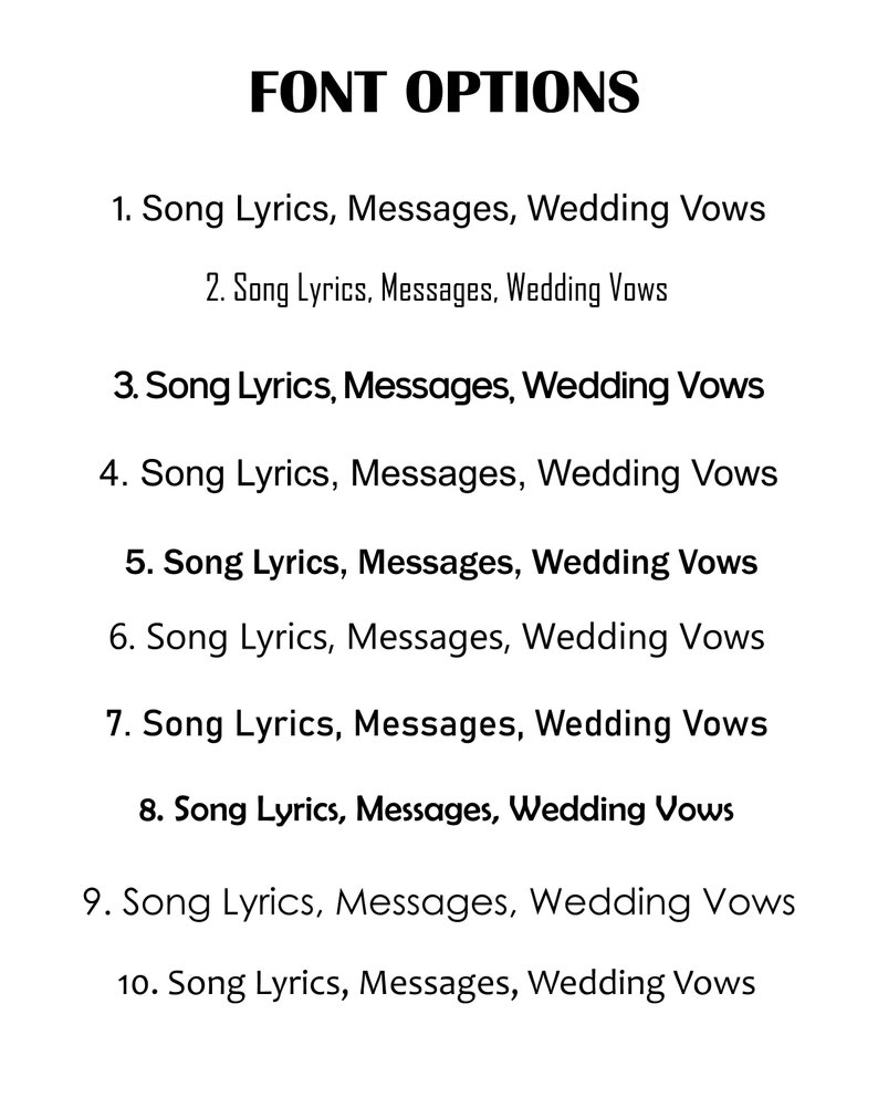 May include: A list of font options for song lyrics, messages, and wedding vows. The options are numbered 1 through 10.