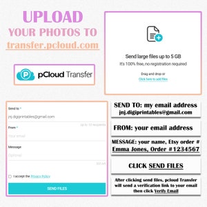 May include: A digital image with text and graphics promoting file transfer via pCloud. The image includes instructions for sending files, with email addresses and order details. The text includes "UPLOAD YOUR PHOTOS TO transfer.pcloud.com".