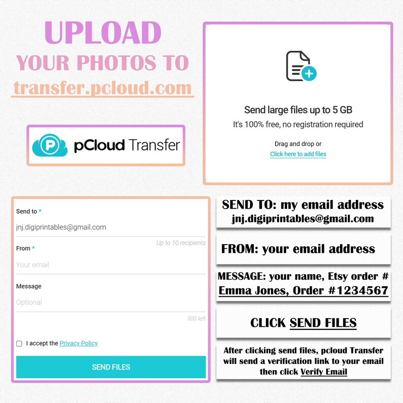 May include: A digital image with text and graphics promoting file transfer via pCloud. The image includes instructions for sending files, with email addresses and order details. The text includes "UPLOAD YOUR PHOTOS TO transfer.pcloud.com".