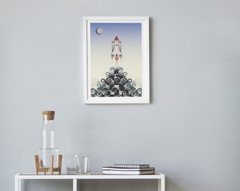 Rocket Art Print, Spaceship Art,  Rocket Hanging Wall Art, Space Shuttle Nursery Art