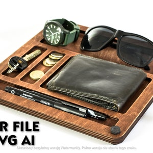 Digitales Produkt Holz-Organizer-Tablett DXF AI SVG Stift-Display fangen alle Smartphone-Bleistift-Schlüssel-Halter-Dock-Schmuck-Büro-Vatertag-Vatertag