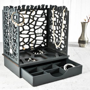 Prodotto digitale pietra Organizer collane stand dxf, svg, ai 1/8, 1/4 in 3mm 6mm vassoio cremagliera orecchino supporto in legno display gioielli anello catena