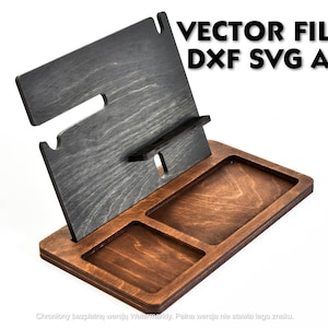 Produto digital docking station organizador suporte dxf svg ai madeira compensada 6mm 1/4 polegada bandeja de exibição pegar todos os smartphones titular pensil doca jóias