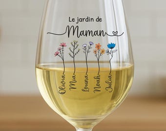 Verre personnalisé “Le jardin de Maman” – fête des mères, verre à vin personnalisé, cadeau maman, mamie, verre prénom enfant maman,  apéro