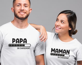 T-shirt Blanc annonce grossesse, papa en chargement, maman en chargement , bleu rose et noir