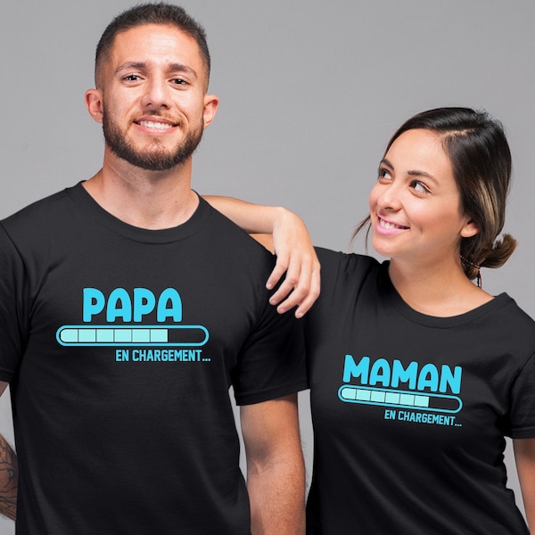 T-shirt Noir annonce grossesse, papa en chargement, maman en chargement , bleu rose et noir