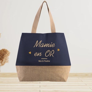 Grand sac cabas en jute à personnaliser Mamie Anniversaire mamie fête des grands mères Navy