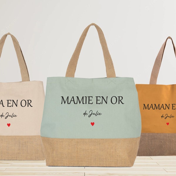 Grand sac cabas en jute à personnaliser, cadeau mamie maman nounou, fête des grands mères, tote-bag personnalisé