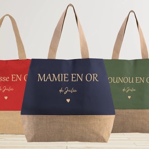 Grand sac cabas en jute à personnaliser, cadeau mamie maman nounou, fête des grands mères, tote-bag personnalisé