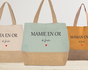 Grand sac cabas en jute à personnaliser, cadeau mamie maman nounou, fête des grands mères, tote-bag personnalisé