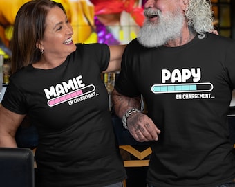 T-shirt Noir annonce grossesse, papy en chargement, Mamie en chargement , bleu rose et noir