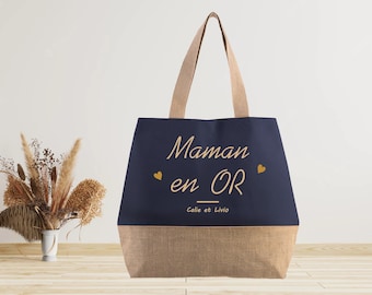 Grand sac cabas en jute à personnaliser Maman / Mamie / Nounou / Maitresse / ASTEM