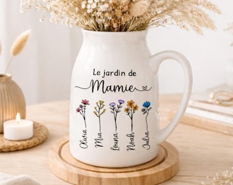 Vase personnalisé “Le jardin de Mamie” – fête des Grands-mères, Pichet céramique personnalisé, cadeau maman, mamie, vase prénom enfant mamie