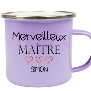 Taza personalizada de acero esmaltado. Regalo personalizado maestro. Disponible para amante, niñera, atsem. Taza Maestra personalizada.