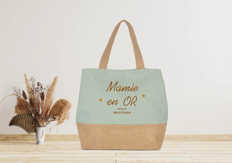 Large jute shopping bag to personalize Grandma Grandma's Birthday Grandmother's Day Vert sage