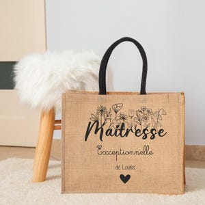 Jute bag &quot;Exceptional Mistress&quot; with the child&#39;s first name - Teacher gift, bag for a teacher, end of year gift for teacher