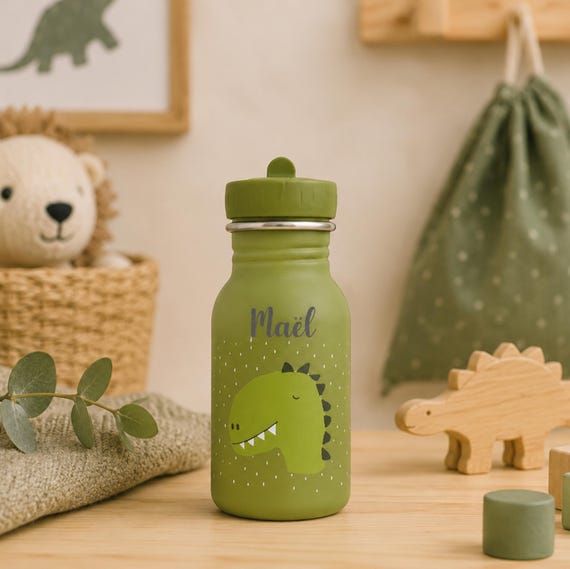 Personalisierte Kinderwasserflasche. 350 ml und 500 ml – Dinosauriermodell – Kindergartenflasche, Kinderflasche mit Strohhalm