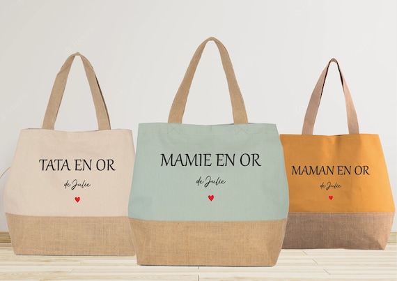 Grand sac cabas en jute à personnaliser, cadeau mamie maman nounou, fête des grands mères, tote-bag personnalisé, fête des mères.