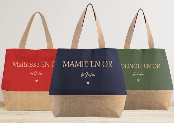 Grand sac cabas en jute à personnaliser, cadeau mamie maman nounou, fête des grands mères, tote-bag personnalisé
