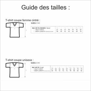 May include: A white graphic showing a t-shirt size guide in centimeters. The guide includes measurements for half chest and body length for both women's and unisex t-shirts, with sizes ranging from XS to 5XL.